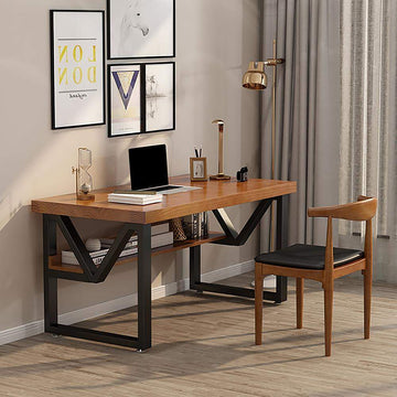 Wood Writing Desk for Office with Black Metal Shelf in Small-Desks,Furniture,Office Furniture